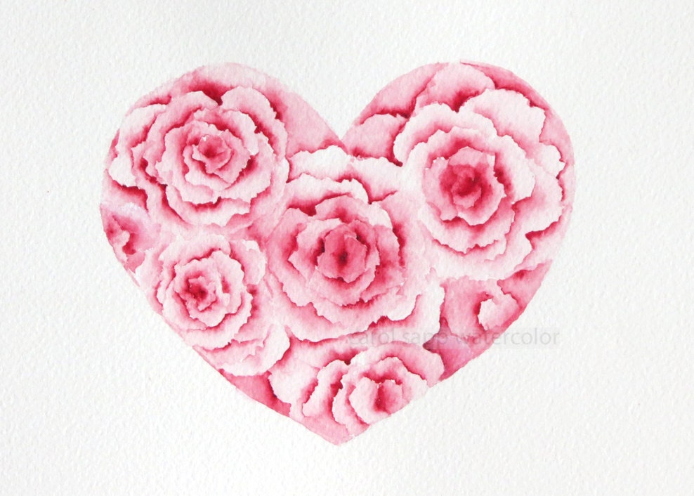 heart of roses valentine watercolor giclee print 5" x 7"