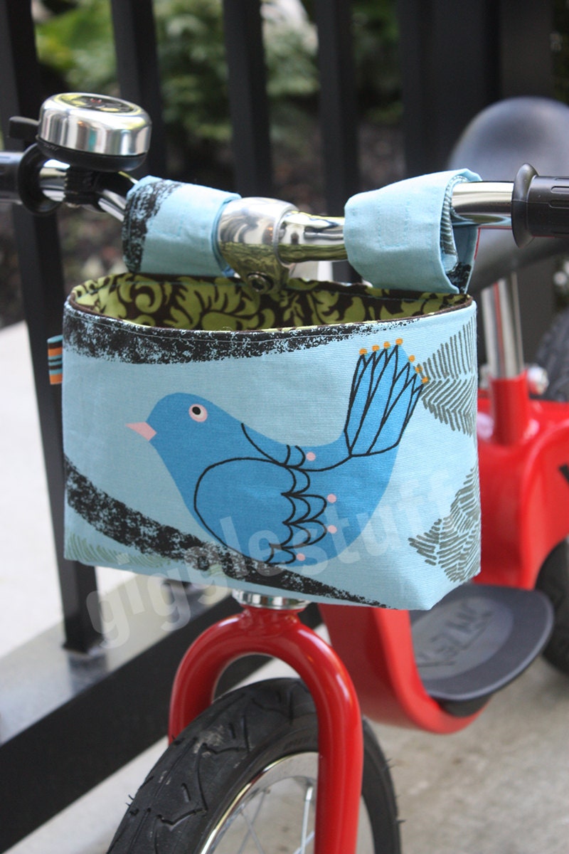 Girls Bike Basket, OOAK, Kids Handlebar Basket, Bag for Balance Bike, Scooter, Fabric Bucket -- One-of-a-Kind, Limited Edition Bird Print