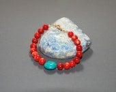 Red Coral Turquoise Gemstone  Sterling Silver Gold Plated Lock   Bracelet