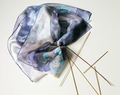 Hand painted silk scarf - dyed on natural habotai silks - blue color floral ornaments - gift idea -18x72