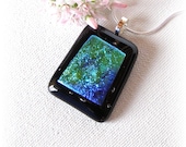 Fused Glass Jewelry Pendant Necklace -  Blue Green Dichroic Glass on Black Base