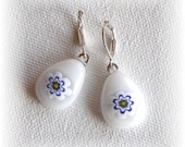 Fused Glass Earrings - Blue Flower or Snowflake on White Glass