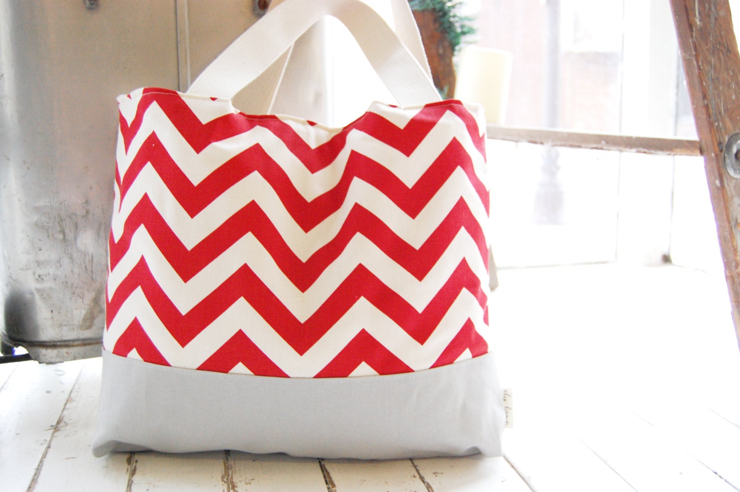 Red and Grey Chevron Tote