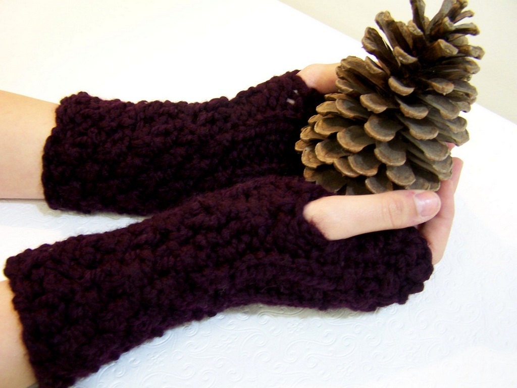 Chunky Knit Long Fingerless Mittens, Fingerless Mittens With Button Cuffs, Eggplant Purple, Aubergine