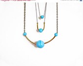 SUMMER SALE Triple Strand Geometric  Necklace, Teal Gold Minimalist Necklace -  Curved Bar Necklace, Atomium Necklace