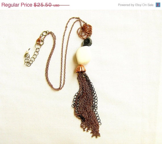 SUMMER SALE Boho Tassel Necklace - White Jade Stone, Geometric Stone, Chains