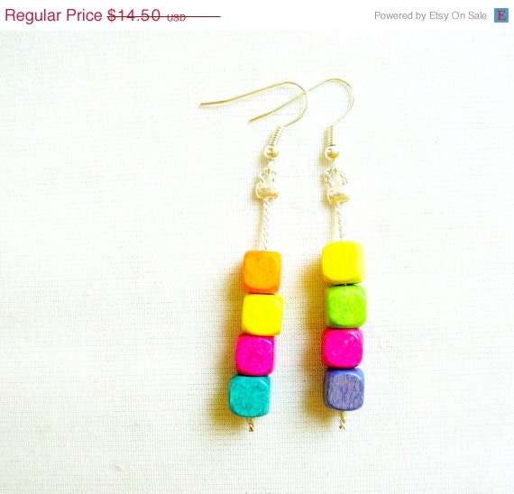 SUMMER SALE Neon Pixel Earrings - Rainbow Geometric Wood Beaded Handmade Earrings