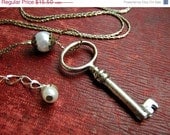 SUMMER SALE Skeleton Key Pendant Necklace - Handmade Necklace, silver plated chain, skeleton key, faux  pearl