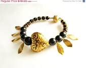 SUMMER SALE Black and Glod Heart Bracelet - heart and leaves charms