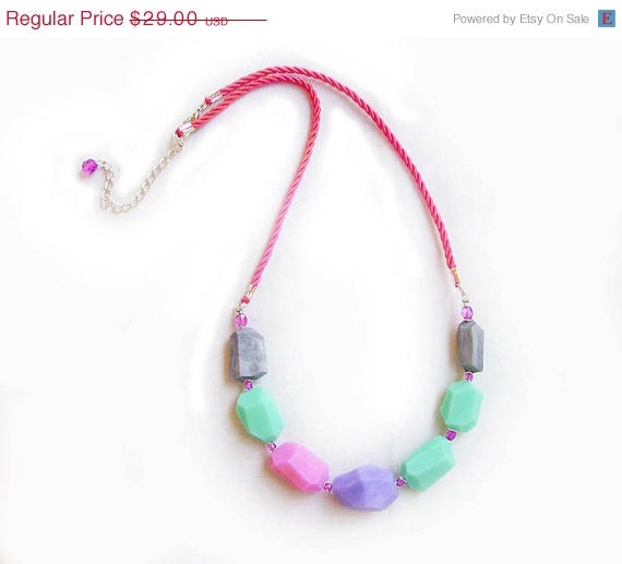 SUMMER SALE Pastel Candy Necklace in Mint, PInk, Grey, Purple - Handmade Beaded Polymer Clay Stament Necklace - Rare Diamonds Collection