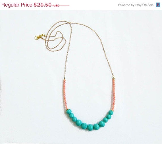 SUMMER SALE Coral and Teal Necklace - Pink Coral and Glass Beaded Strand Necklace - Primitive Organics Collection