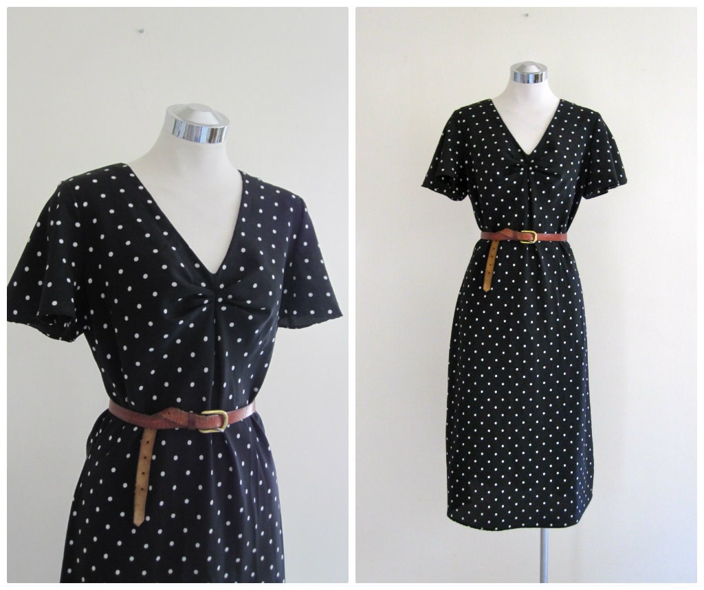 SALE Vintage Dress // Polka Dot Day Dress Black and White Midi // s - m