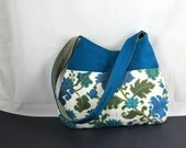 The Millie Handbag by Nstarstudio - Hobo Shoulder Sling Purse- Teal Floral, Cream and Moss Green Fabric