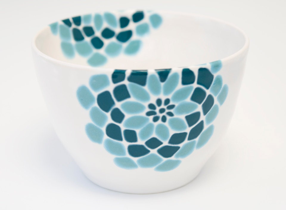 ceramic bowl - dahlia flowers in dark teal and ocean blue on white satin bowl