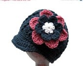 Sale Crochet Toddler Hat - Children Clothing - Blue and pink Girl's Newsboy Hat - Flower Hat - Crochet baby hat
