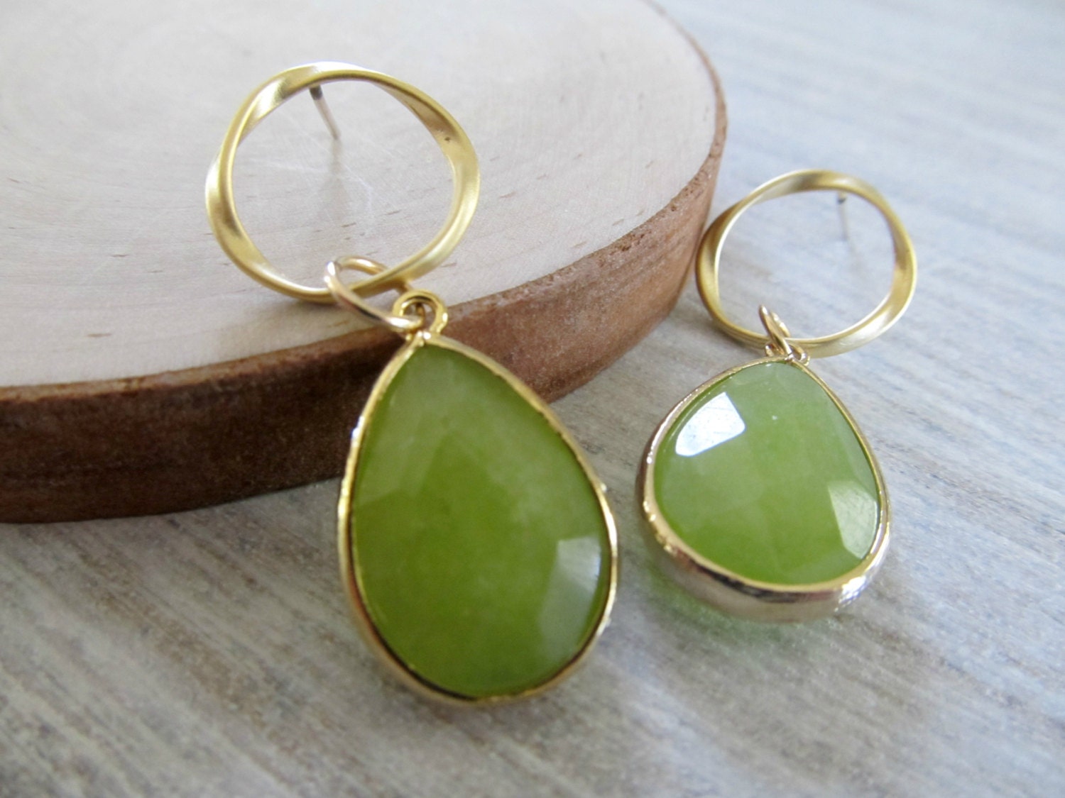 Apple green glass dangle earrings on gold post hoops, bright chartreuse Pantone 2012