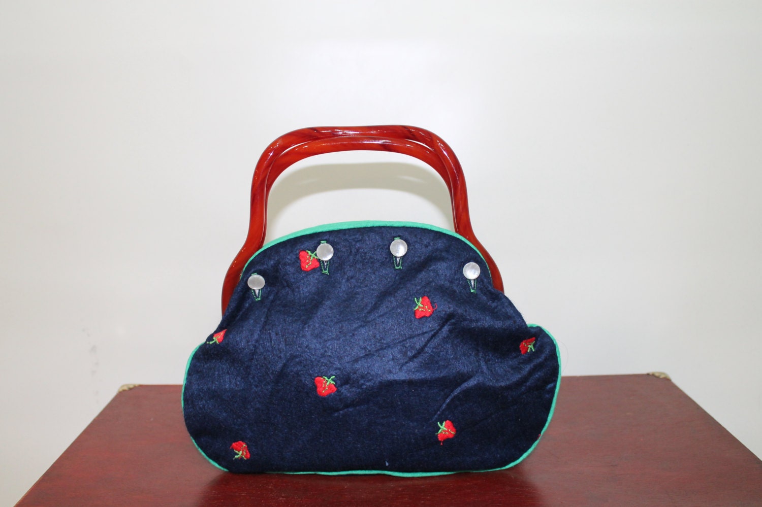 70s Strawberry Embroidered Handbag Purse Clutch Lucite Handles Navy Blue Wool Small Bag