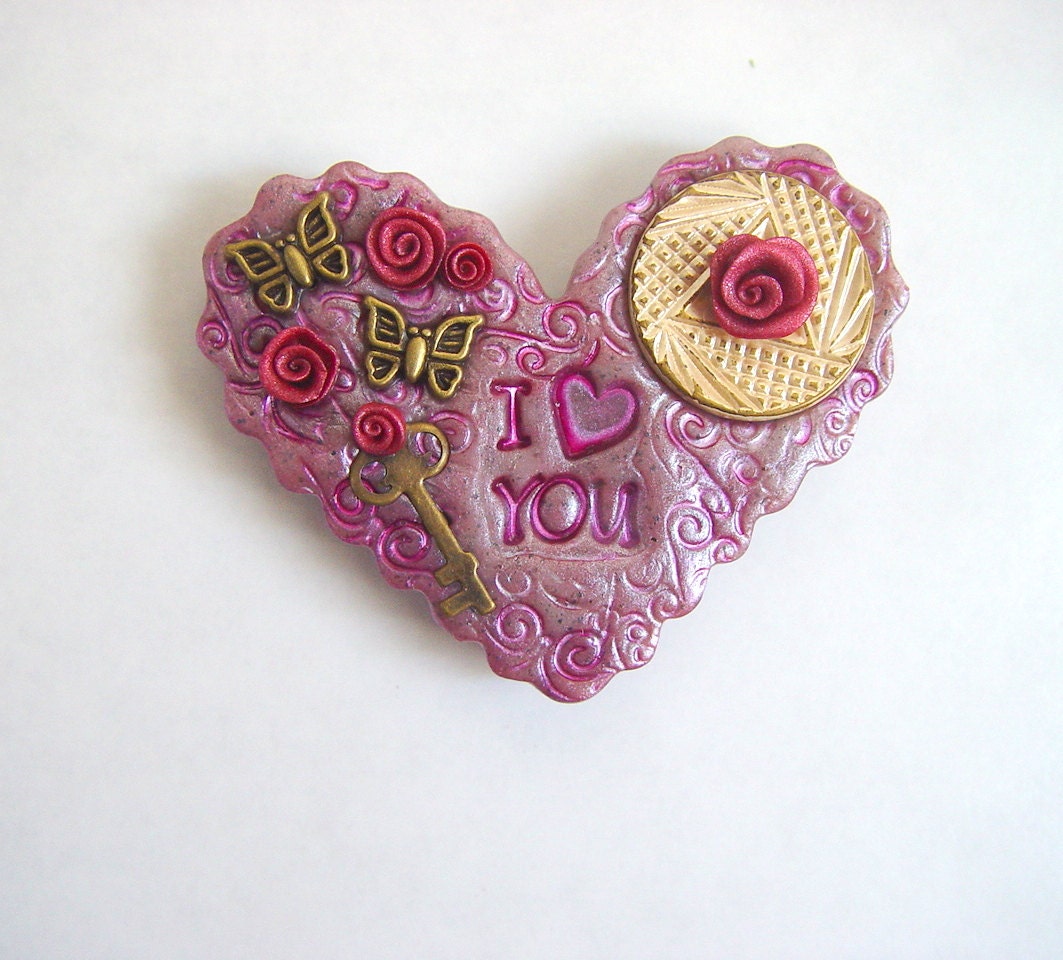 Shabby Chic Vintage Style (I Love You) Heart Magnet in Gray Granite and Plum, Token of Love Gift, Sweet Love Gift