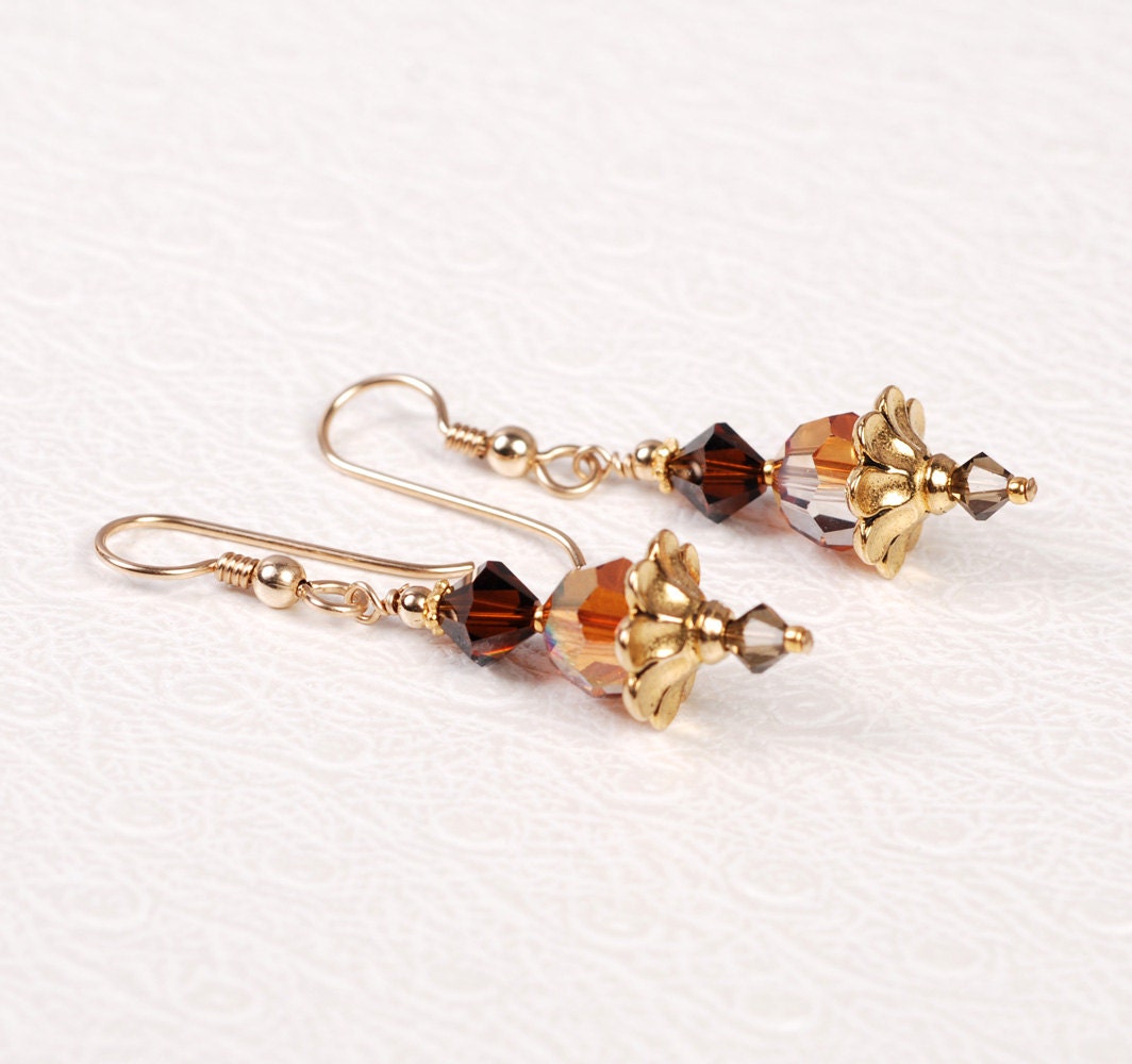Crystal Flower Earring - Brown and Gold