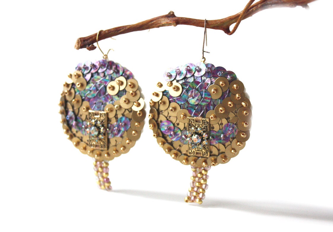 Victorian Earrings Gold Sequin Purple Flower embroidered felt beads