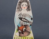 Fox and Bird Air Dry Clay Brooch - Little Girl with Animals Handmade Pin- FREE SHIPPING
