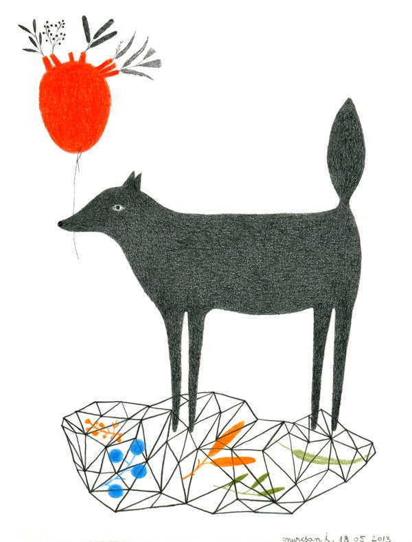 ORIGINAL PENCIL DRAWING Dog with a Heart Balloon / Geometry Art - I Love You - DoubleFoxStudio