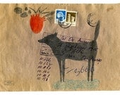 Original Dog Illustration with a Heart Balloon on Old Envelope / I Love You