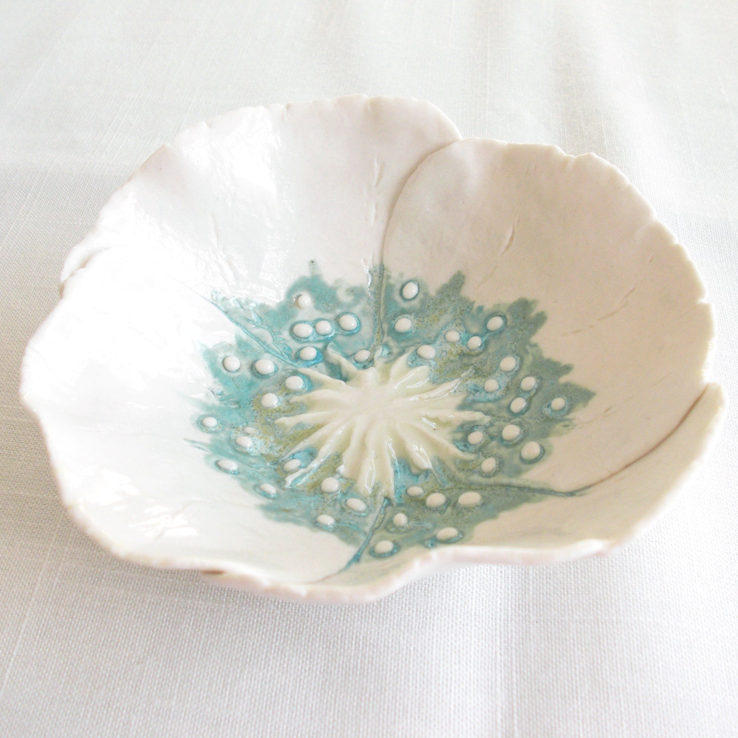 Handmade to order white porcelain poppy bowl with aqua and lime ceramic glazes - VanillaKiln