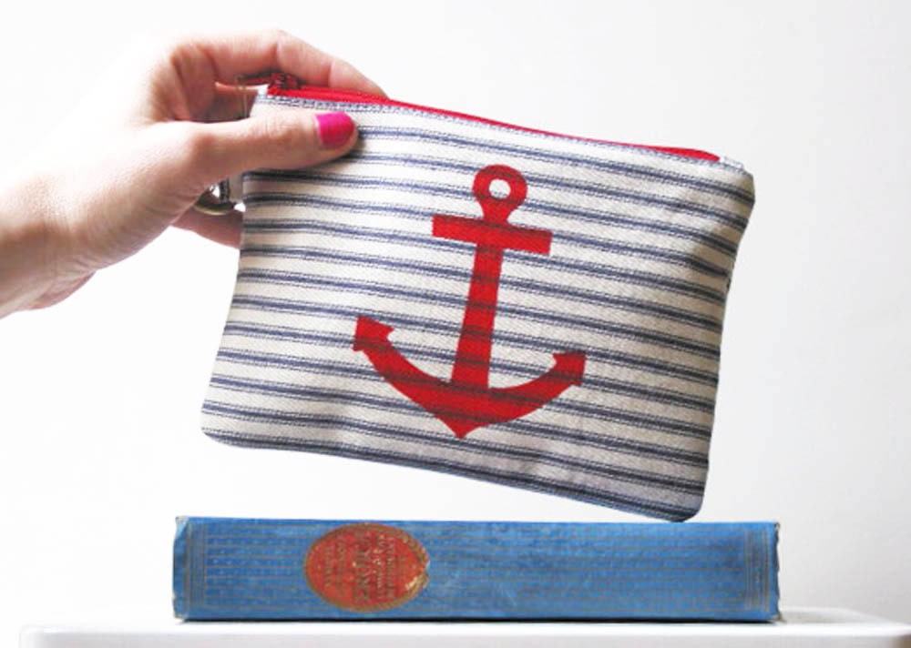 Red Anchor on Navy Blue Ticking Stripe Change Purse Screenprint