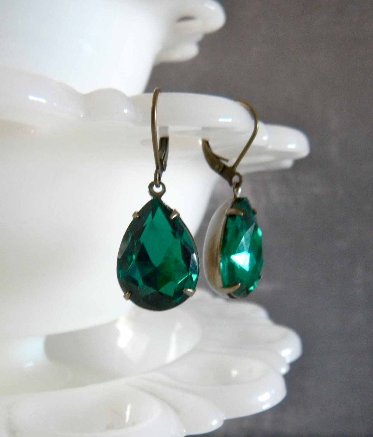 Emerald Glass Earrings.  Aged Brass.  Vintage Style.
