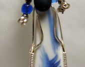 Dark Blue Pattern Pottery Pendant Wrapped in Silver with Beads and Tumbled Glass