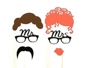 Photobooth Props Set of 6 Mrs and Mrs Hipster Set Glasses Mustache Kiss Lips Wedding Photo Booth Props Party Decorations