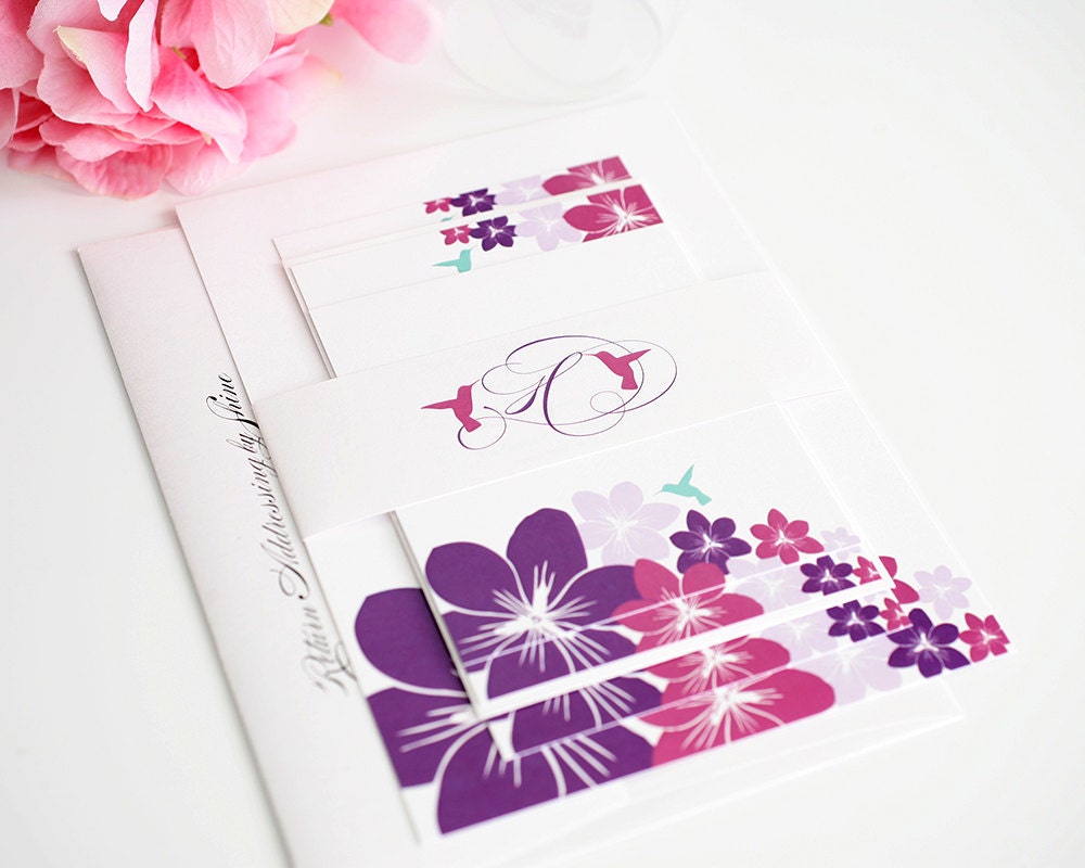 Destination Wedding Invitations - Pink, Purple, Tropical, Hummingbird, Summer Caribbean Beach Wedding - Deposit to Get Started