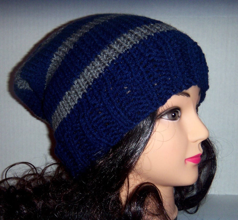 Slouchy Beanie Mens Hat in Navy Blue and Grey Gray, Mens Accessories