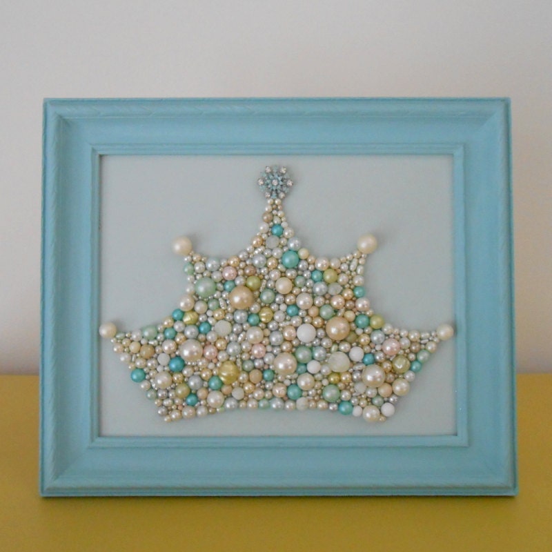 Mosaic art. Princess Crown Wall Art. Snowflake.Pastel blue frame.Framed art. Pearl crown. Enamel rhinestone brooch.Glitter sparkle.