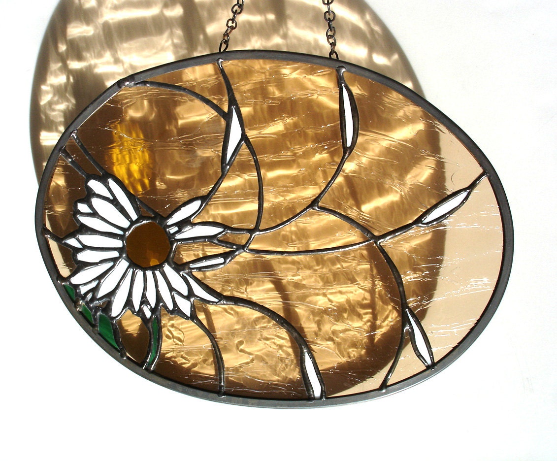 Daisy in the wind stained glass decorative art panel spring home suncatcher amber white - DesignsStainedGlass