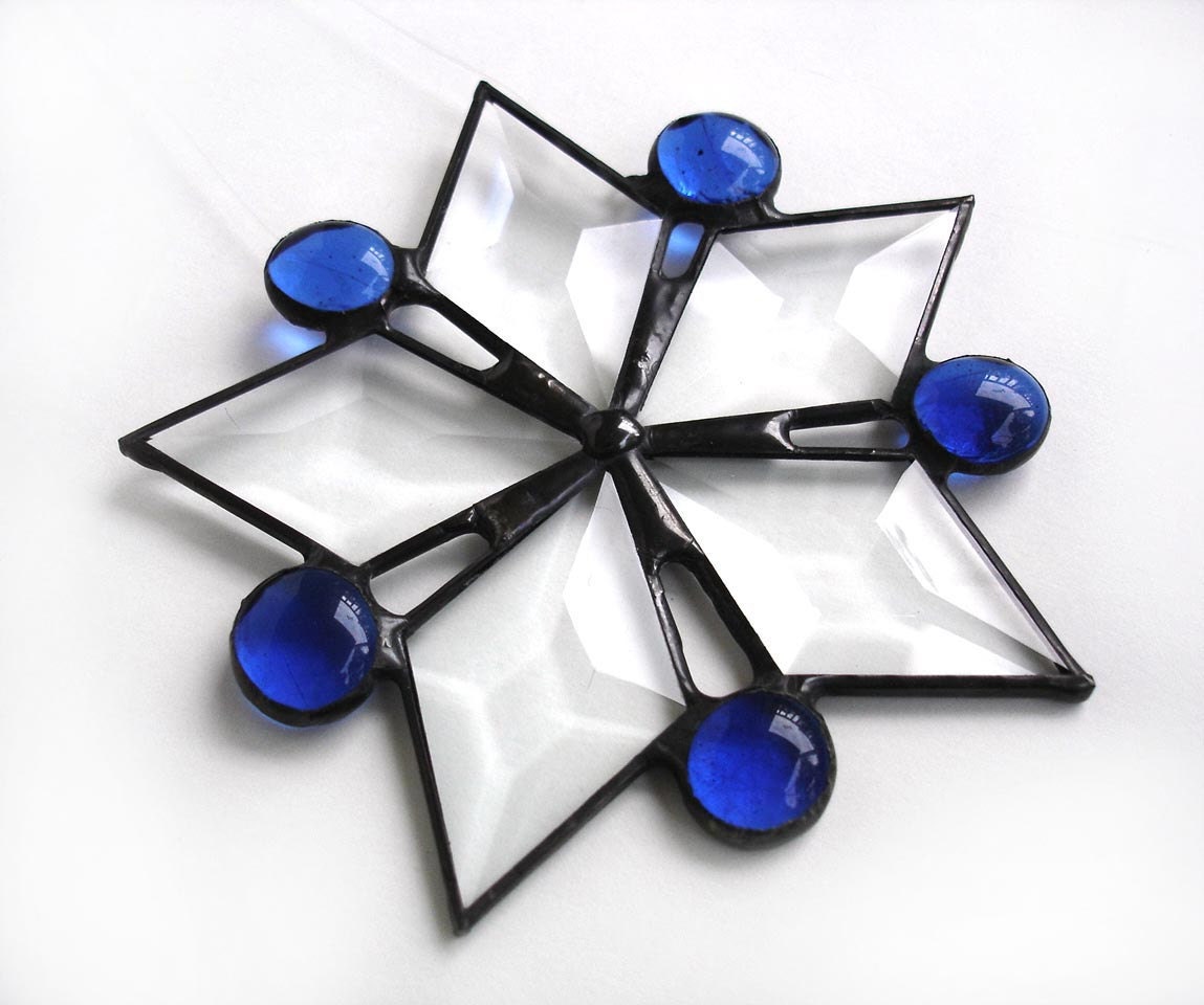 Star suncatcher Monaco blue gems stained glass ornament decorative art