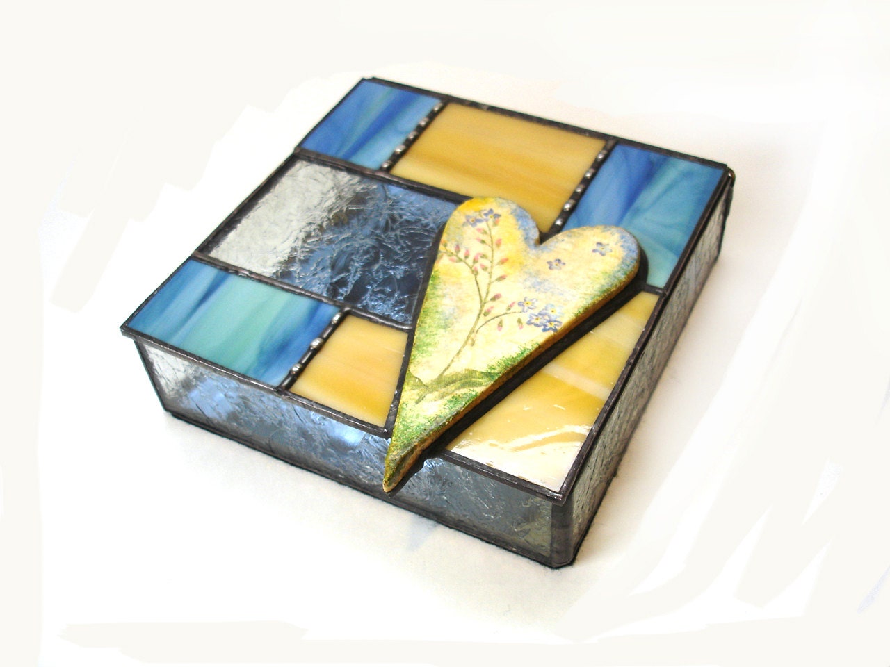 Stained glass jewelry box spring garden blue sand heart  gift for her keepsake home decor