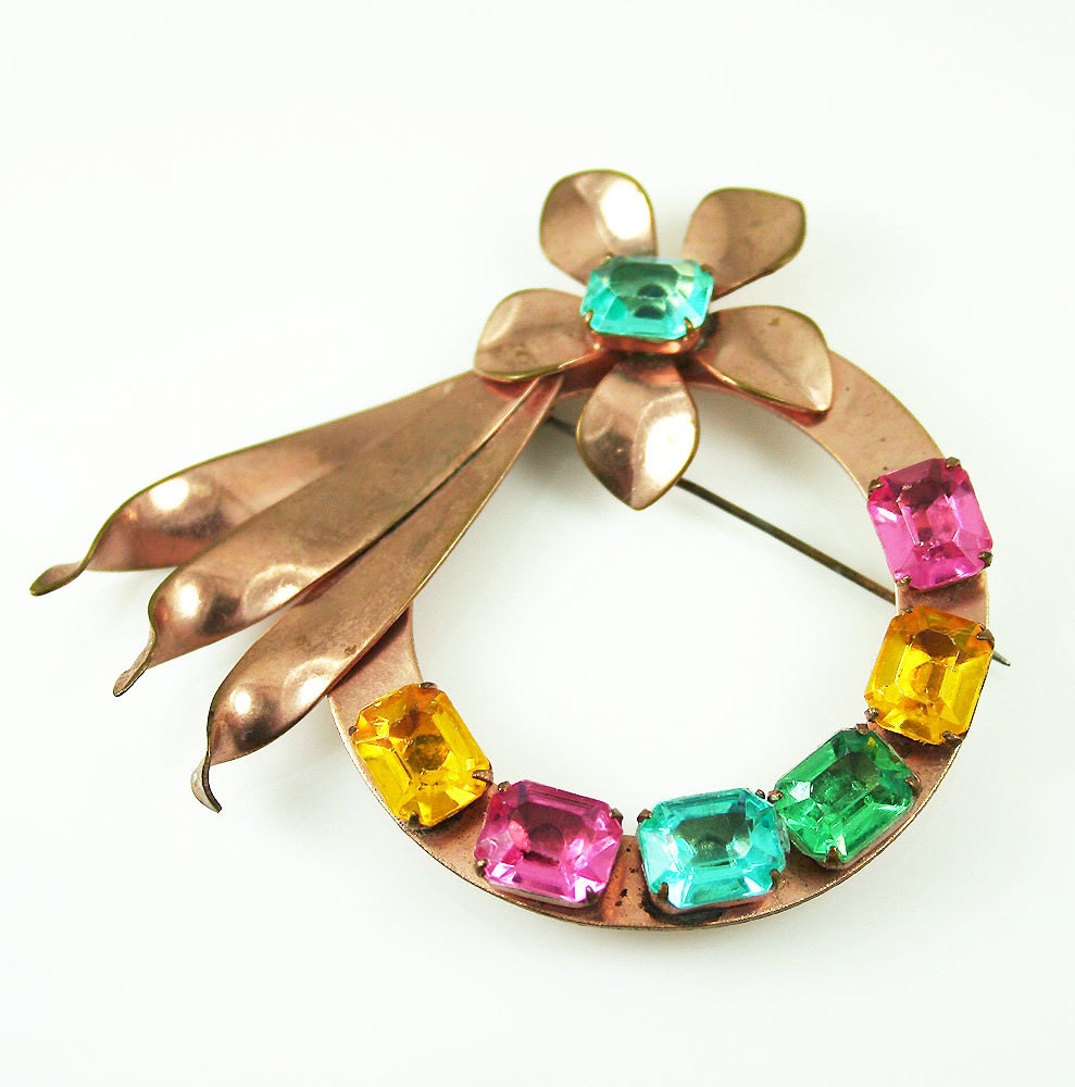 Vintage Brooch Pastel Rhinestone Retro Moderne 1940s Jewelry