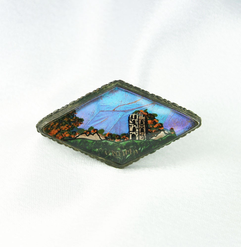 Antique Art Deco Butterfly Wing Sterling Silver Roman Ruin Nature Scene Brooch