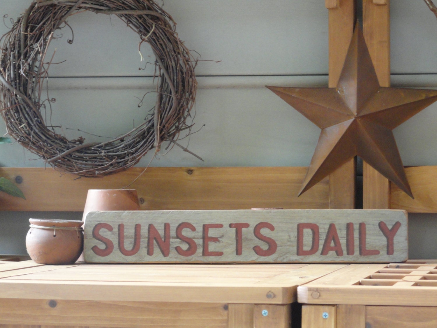 SUNSETS DAILY Sign - Outdoor Decorating - Lake House Decor - Beach Decor - Primitive Sign - Rustic Country Wall Hanging