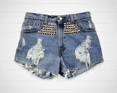 Studded Shorts / Vintage Levis High Waisted Denim Shorts Cut Offs / 30 Waist