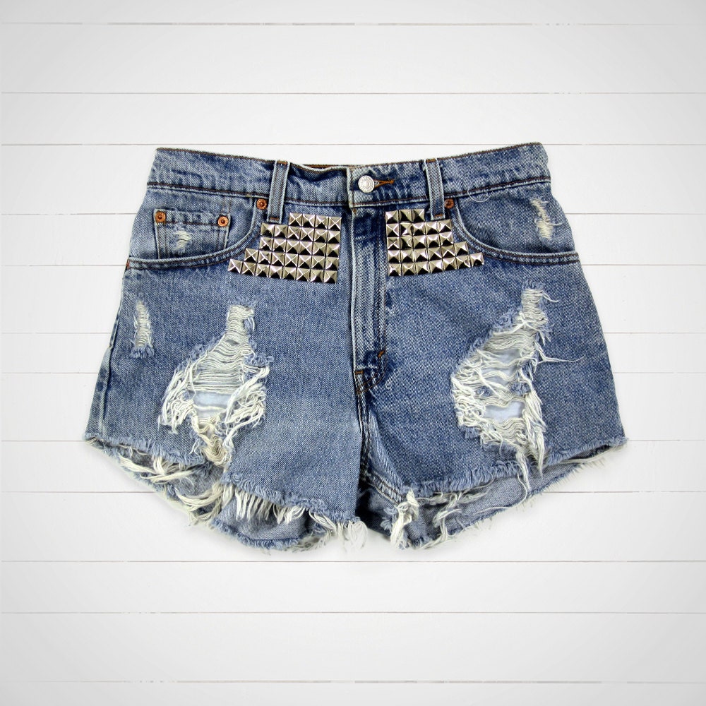Studded Shorts / Vintage Levis High Waisted Denim Shorts Cut Offs / 30 Waist