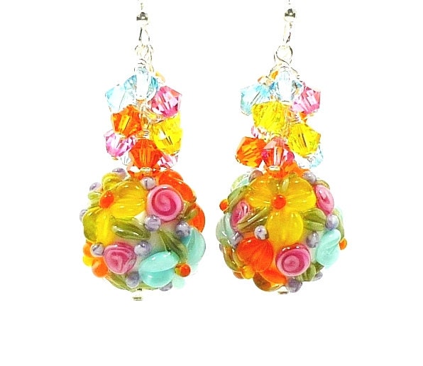 Floral Earrings, Lampwork Earrings, Glass Earrings, Crystal Cluster Earrings, Glass Bead Earrings, Beaded Earrings, Beadwork Earrings