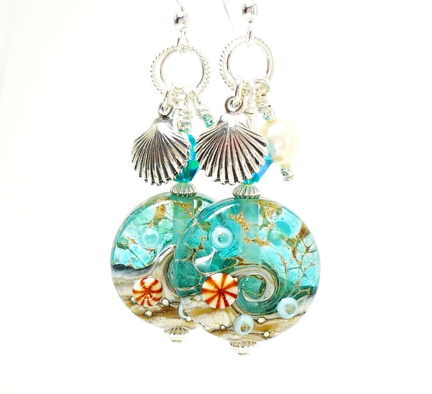 Seashell Earrings, Ocean Earrings, Lampwork Earrings, Glass Bead Earrings, Beach Earrings, Dangle Earrings, Beadwork Earrings