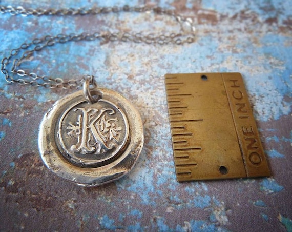 Wax Seal Personalized Monogram Silver Necklace. Custom Initial Letter. Vintage Inspired Fine Silver Artisan Jewelry