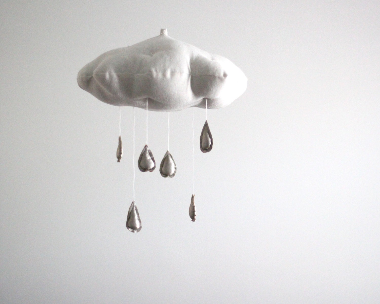 Silver Rain Cloud Mobile- modern fabric sculpture for baby nursery decor in white linen and metallic faux silver leather