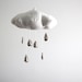 Silver Rain Cloud Mobile- modern fabric sculpture for baby nursery decor in white linen and metallic faux silver leather