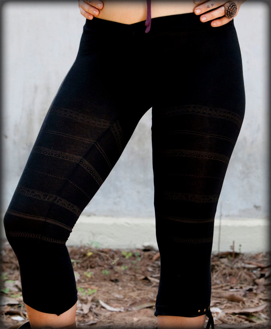 ORGANIC TRIBAL LEGGINGS - Yoga Eco Faery Boho Hippie Pixie Fairy Olive Steampunk henna - Black - Extra small Xs - Small