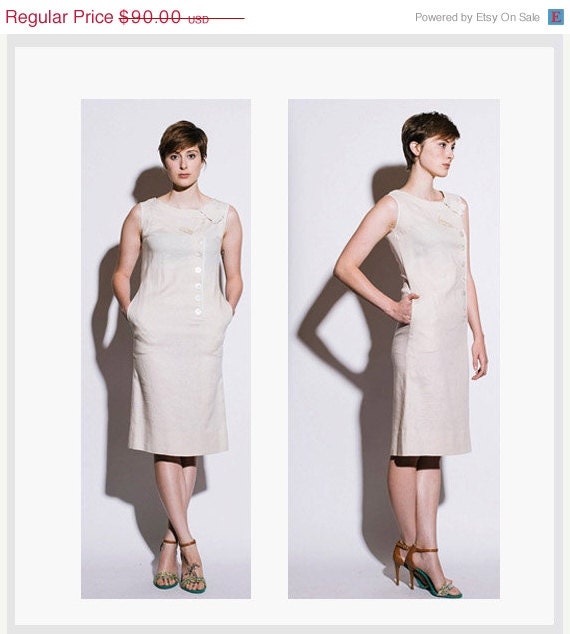 SALE Vintage 1960s Cream Linen Wiggle Dress